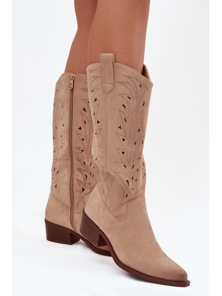 Cowboy Boots With Perforated Pattern On Low Heel Beige Selirae