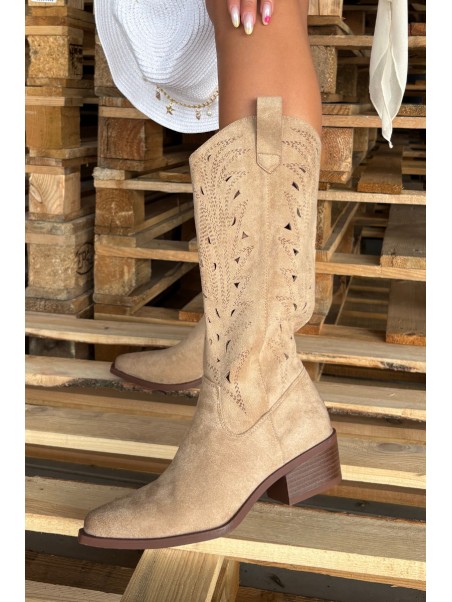 Cowboy Boots With Perforated Pattern On Low Heel Beige Selirae