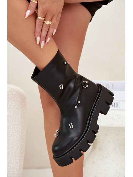 Warm Women's Ankle Boots with Zipper and Decorations Black Thavira