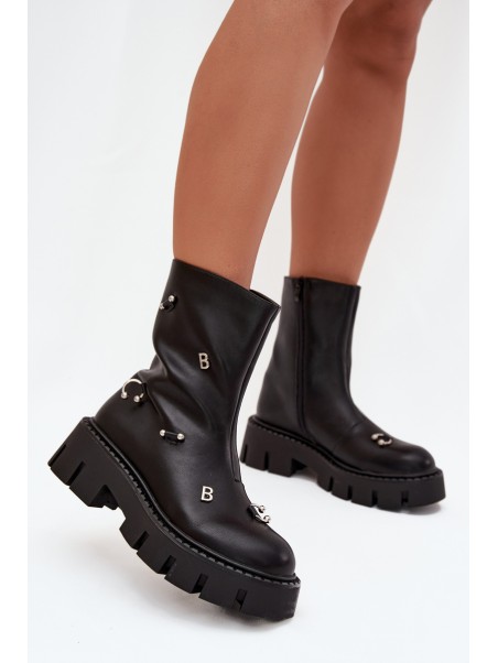 Warm Women's Ankle Boots with Zipper and Decorations Black Thavira