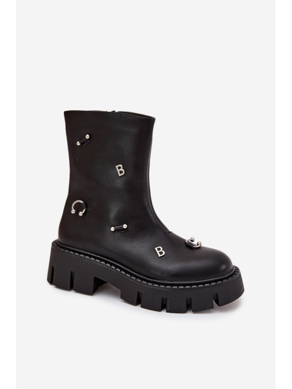 Warm Women's Ankle Boots with Zipper and Decorations Black Thavira