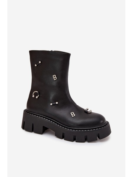 Warm Women's Ankle Boots with Zipper and Decorations Black Thavira