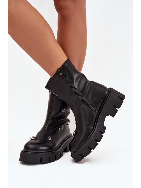 Warm Women's Ankle Boots with Zipper and Decorations Black Thavira