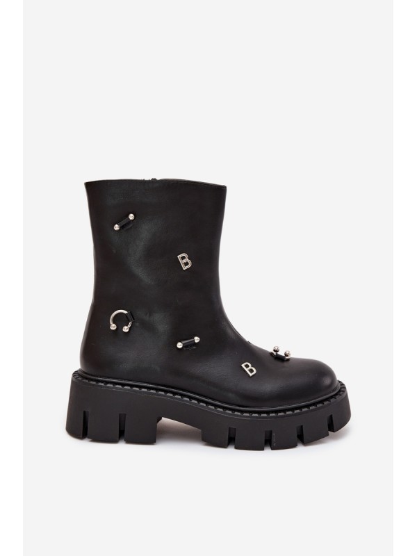 Warm Women's Ankle Boots with Zipper and Decorations Black Thavira