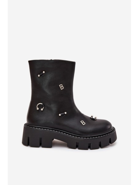 Warm Women's Ankle Boots with Zipper and Decorations Black Thavira