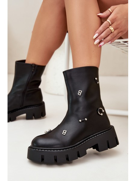 Warm Women's Ankle Boots with Zipper and Decorations Black Thavira
