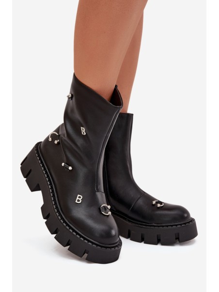 Warm Women's Ankle Boots with Zipper and Decorations Black Thavira