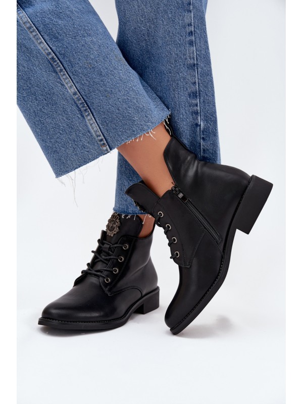 Low Women's Ankle Boots With Flat Heel With Decorative Detail Insulated Black Cylira