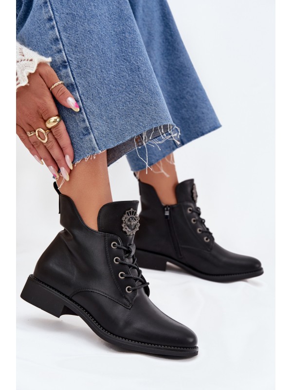 Low Women's Ankle Boots With Flat Heel With Decorative Detail Insulated Black Cylira