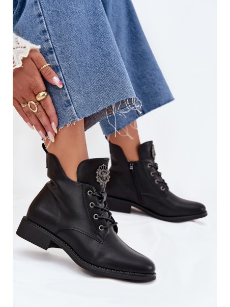 Low Women's Ankle Boots With Flat Heel With Decorative Detail Insulated Black Cylira