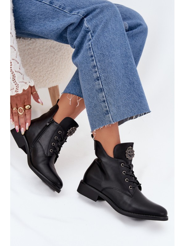 Low Women's Ankle Boots With Flat Heel With Decorative Detail Insulated Black Cylira