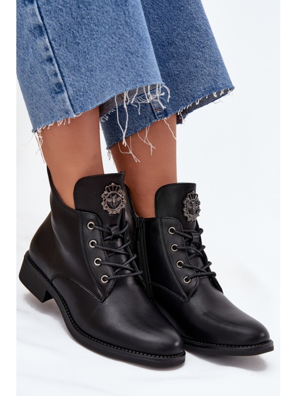 Low Women's Ankle Boots With Flat Heel With Decorative Detail Insulated Black Cylira