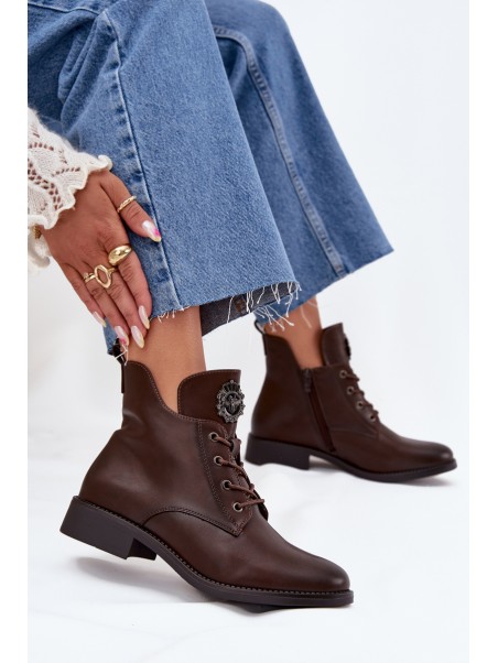 Low Women's Ankle Boots On Flat Heel With Decorative Detail Lined Brown Cylira