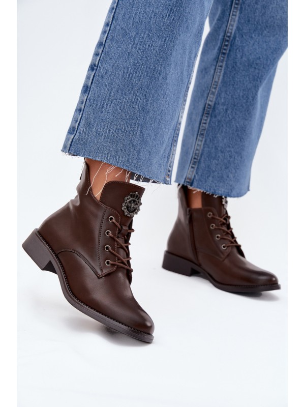 Low Women's Ankle Boots On Flat Heel With Decorative Detail Lined Brown Cylira 2