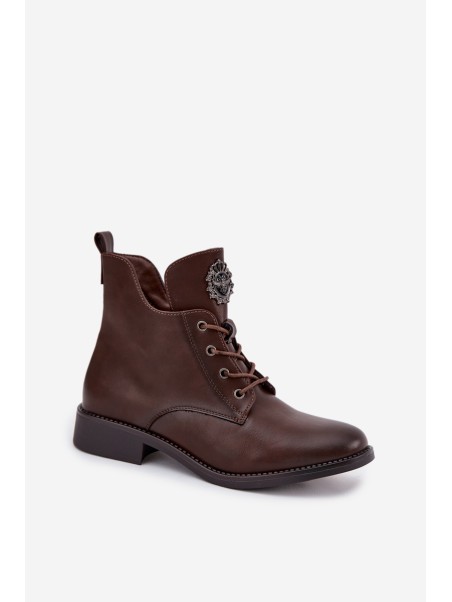 Low Women's Ankle Boots On Flat Heel With Decorative Detail Lined Brown Cylira