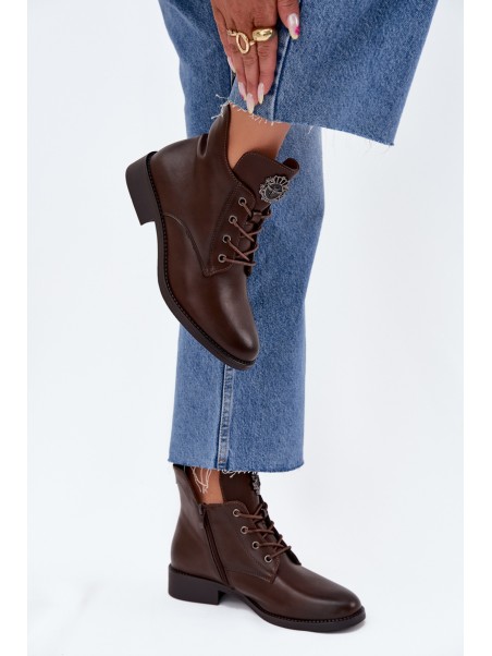 Low Women's Ankle Boots On Flat Heel With Decorative Detail Lined Brown Cylira