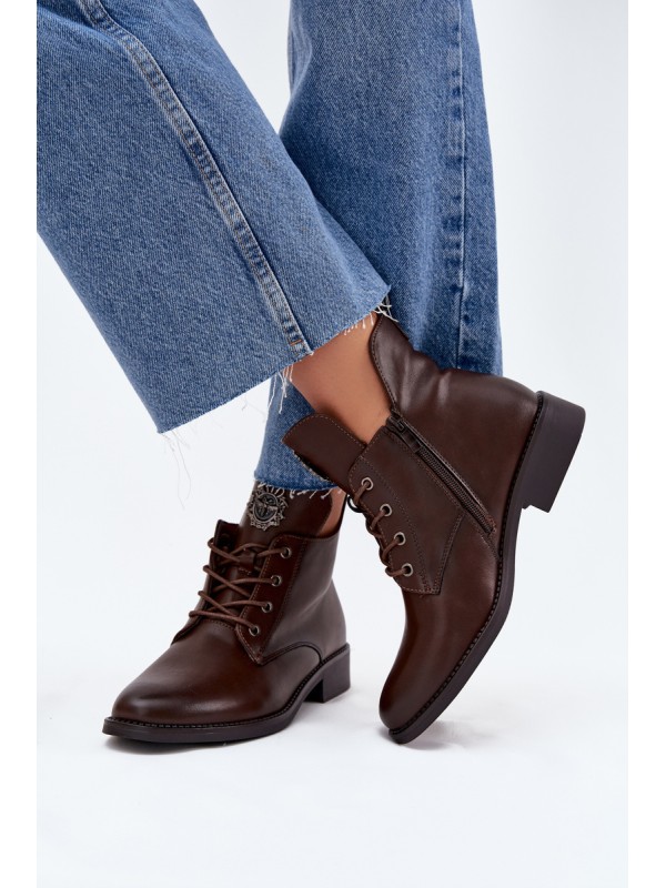 Low Women's Ankle Boots On Flat Heel With Decorative Detail Lined Brown Cylira