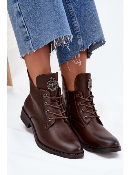 Low Women's Ankle Boots On Flat Heel With Decorative Detail Lined Brown Cylira