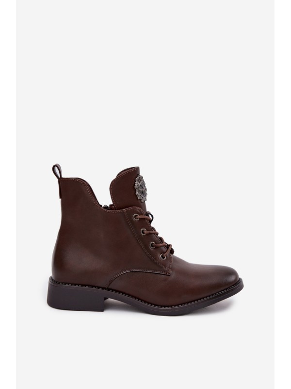 Low Women's Ankle Boots On Flat Heel With Decorative Detail Lined Brown Cylira