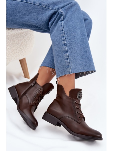 Low Women's Ankle Boots On Flat Heel With Decorative Detail Lined Brown Cylira