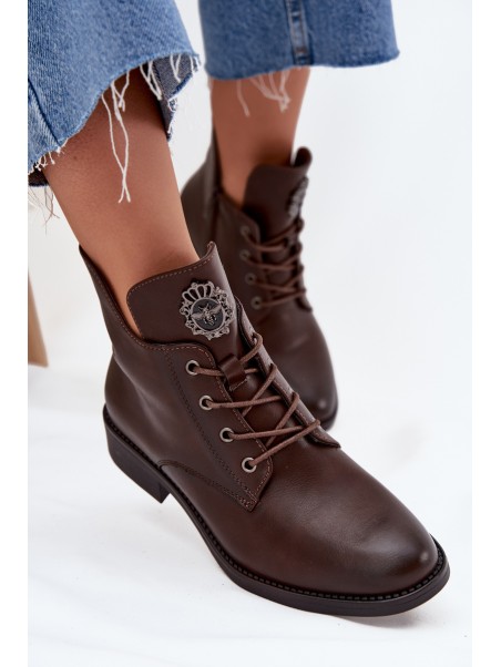 Low Women's Ankle Boots On Flat Heel With Decorative Detail Lined Brown Cylira