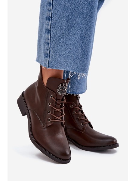 Low Women's Ankle Boots On Flat Heel With Decorative Detail Lined Brown Cylira