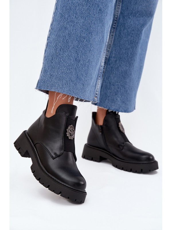 Insulated Low Women's Ankle Boots With Decoration On Zip Black Lavira