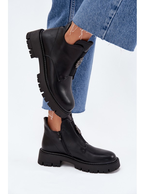 Insulated Low Women's Ankle Boots With Decoration On Zip Black Lavira
