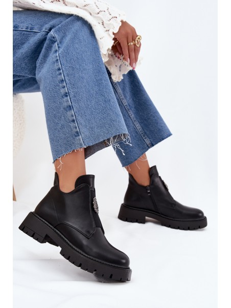 Insulated Low Women's Ankle Boots With Decoration On Zip Black Lavira