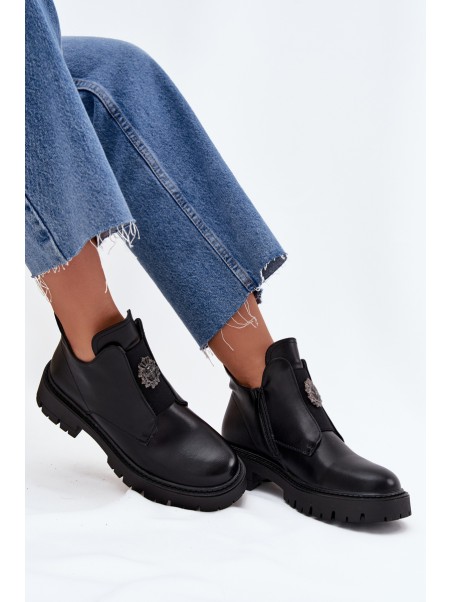 Insulated Low Women's Ankle Boots With Decoration On Zip Black Lavira
