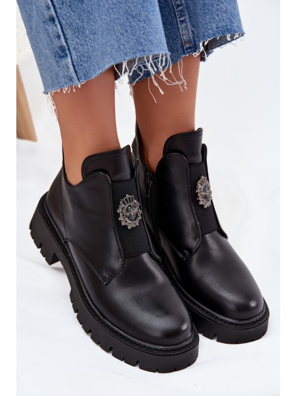Insulated Low Women's Ankle Boots With Decoration On Zip Black Lavira