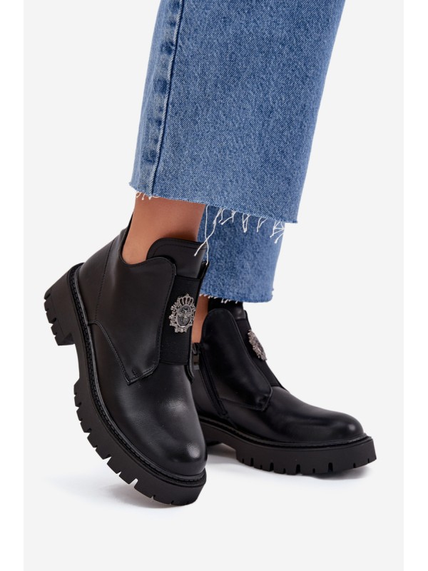Insulated Low Women's Ankle Boots With Decoration On Zip Black Lavira