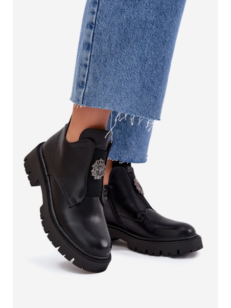 Insulated Low Women's Ankle Boots With Decoration On Zip Black Lavira