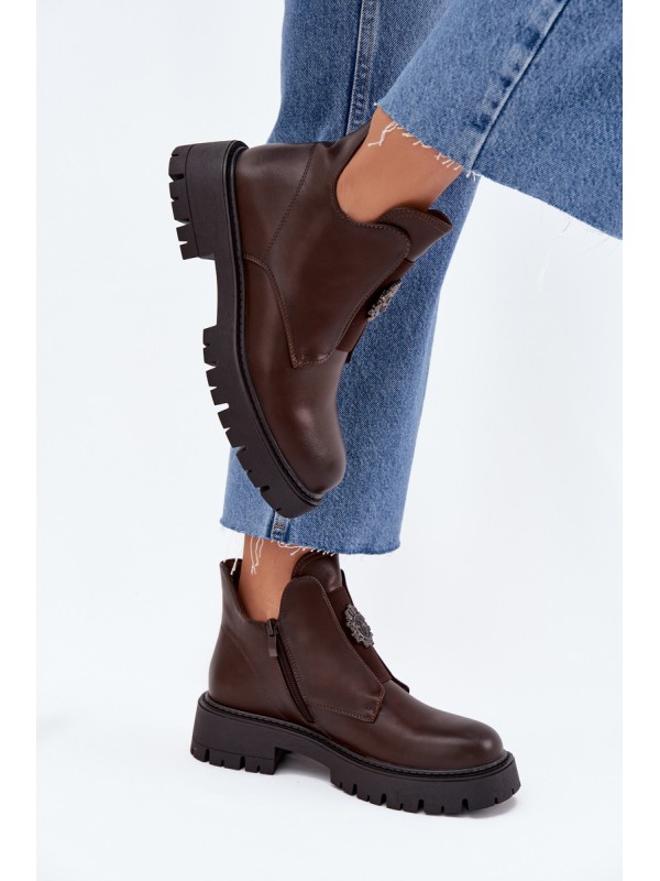 Insulated Low Women's Ankle Boots With Decoration On Zipper Brown Lavira
