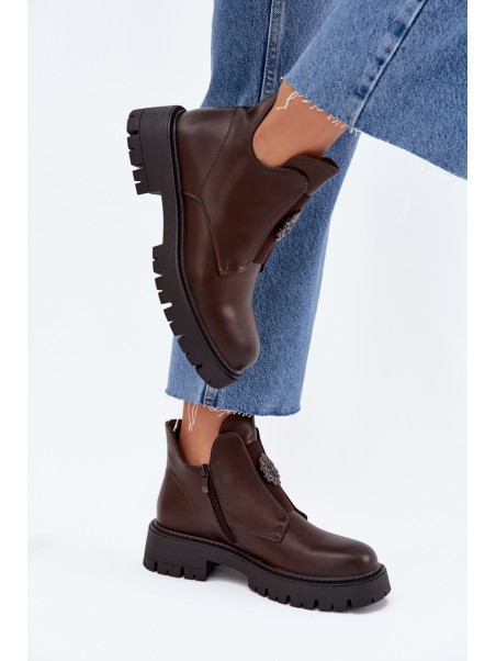 Insulated Low Women's Ankle Boots With Decoration On Zipper Brown Lavira