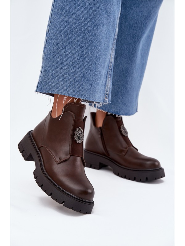 Insulated Low Women's Ankle Boots With Decoration On Zipper Brown Lavira 2