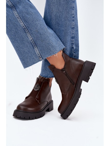 Insulated Low Women's Ankle Boots With Decoration On Zipper Brown Lavira