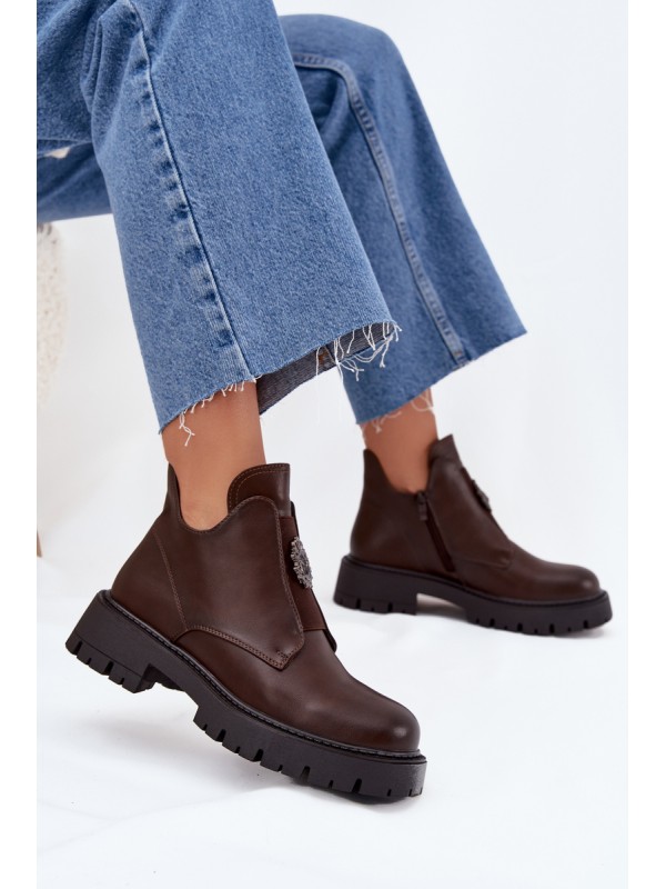 Insulated Low Women's Ankle Boots With Decoration On Zipper Brown Lavira