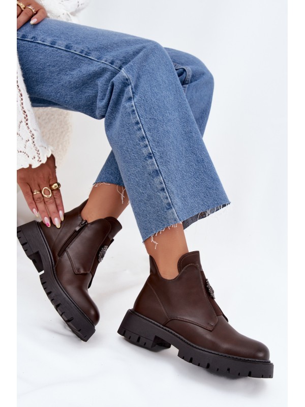 Insulated Low Women's Ankle Boots With Decoration On Zipper Brown Lavira