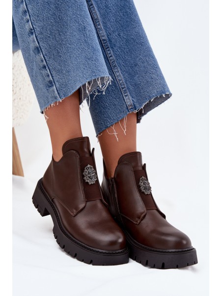 Insulated Low Women's Ankle Boots With Decoration On Zipper Brown Lavira