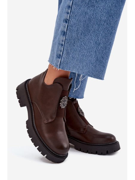 Insulated Low Women's Ankle Boots With Decoration On Zipper Brown Lavira