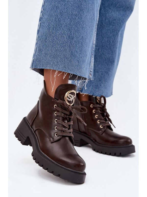 Warm Lined Women's Ankle Boots with Golden Detail Chocolate Kavirae