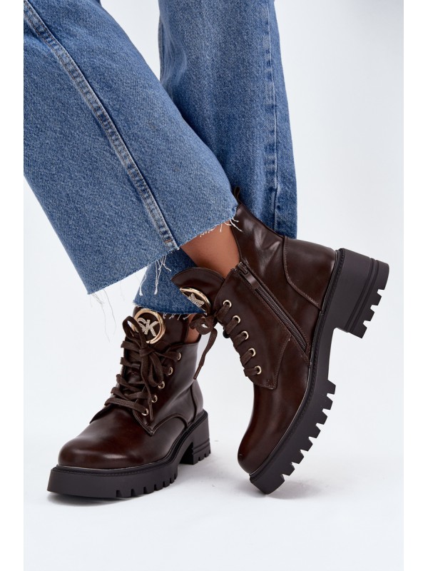 Warm Lined Women's Ankle Boots with Golden Detail Chocolate Kavirae