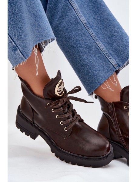Warm Lined Women's Ankle Boots with Golden Detail Chocolate Kavirae