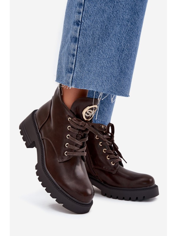 Warm Lined Women's Ankle Boots with Golden Detail Chocolate Kavirae