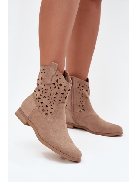 Women's Boots With Perforated Pattern On Flat Heel Eco Suede Beige Athera