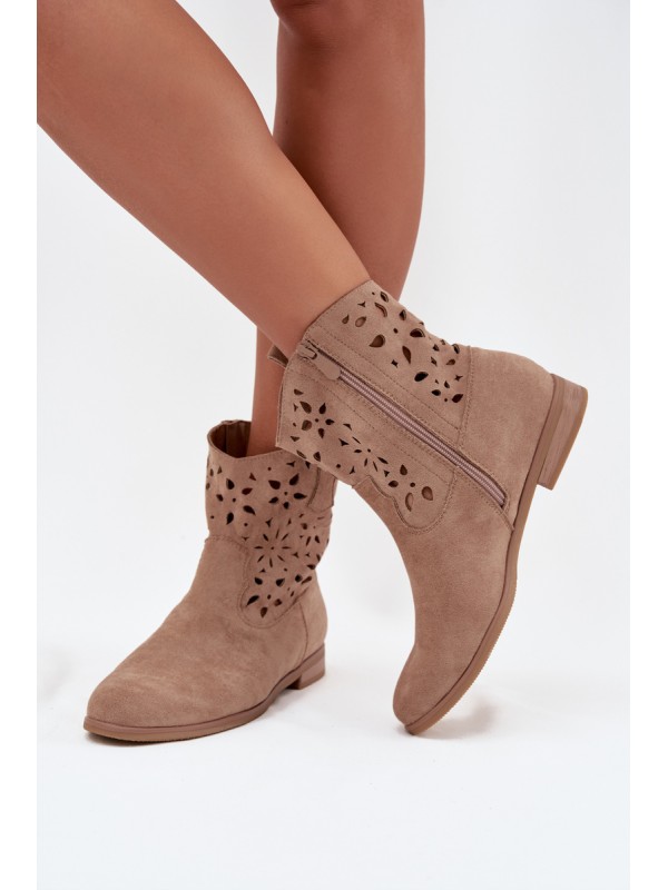 Women's Boots With Perforated Pattern On Flat Heel Eco Suede Beige Athera