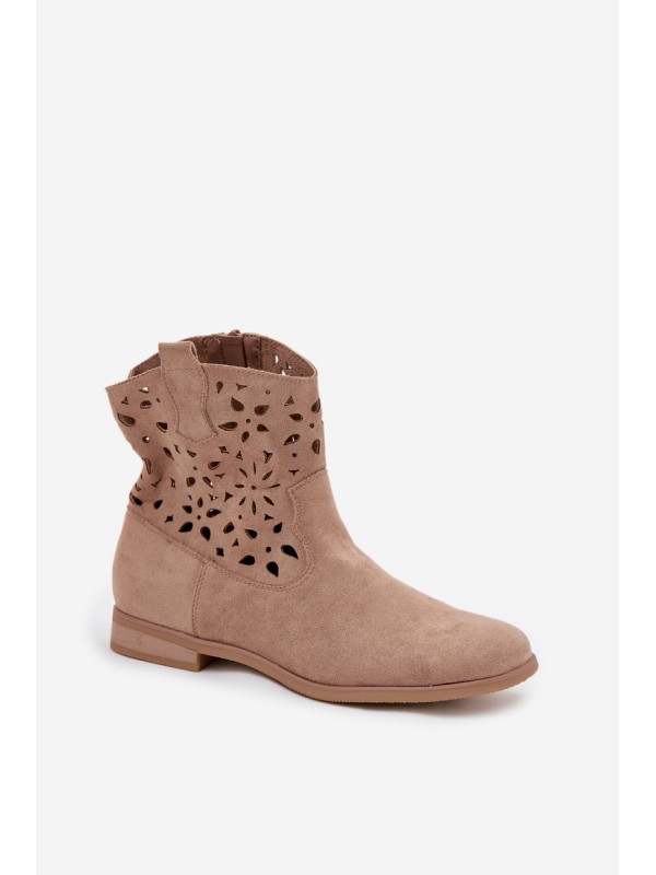 Women's Boots With Perforated Pattern On Flat Heel Eco Suede Beige Athera