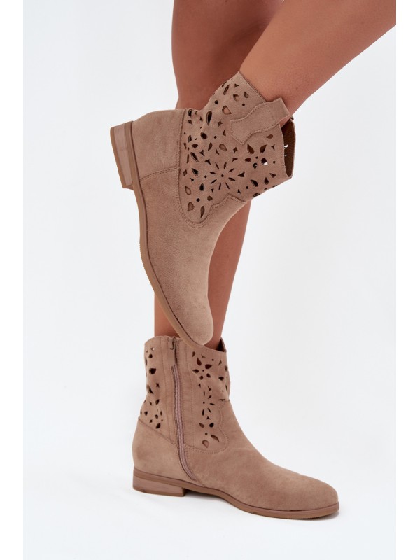 Women's Boots With Perforated Pattern On Flat Heel Eco Suede Beige Athera