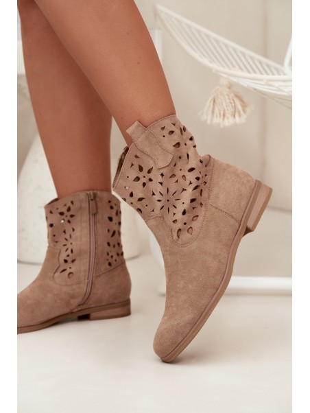 Women's Boots With Perforated Pattern On Flat Heel Eco Suede Beige Athera